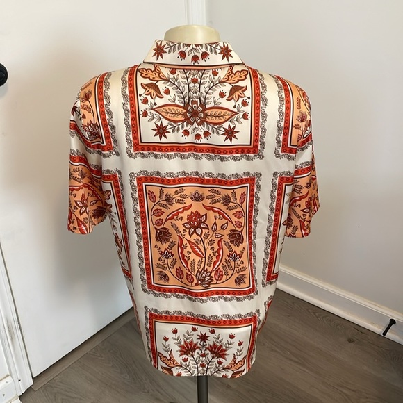 RACHEL ZOE SIZE SMALL MULTI-COLOR SCARF PRINT SHORT SLEEVE SLIK BLOUSE - Picture 4 of 8